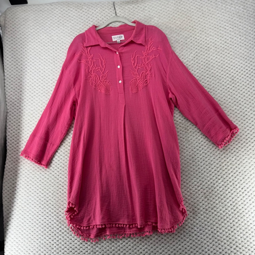 NVELOP Coral Embroidered Cover-Up‎ Tunic Pom Trim Pink Beach Top M